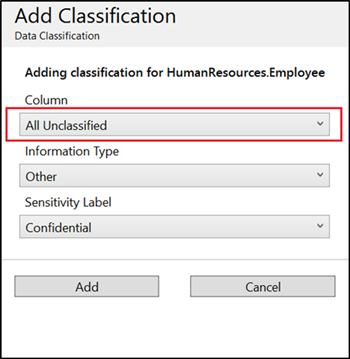 Screenshot der SSMS-Datenklassifizierung, die alle nicht klassifizierten Spalten auswählt