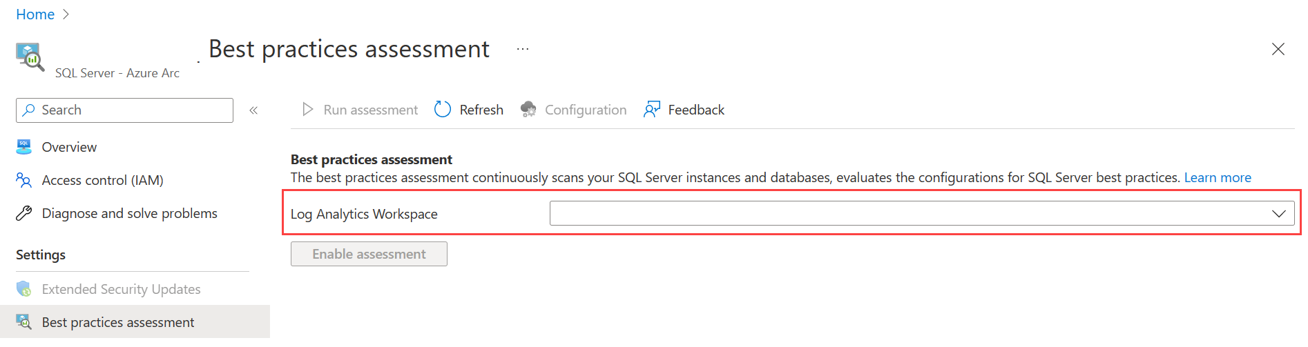 Screenshot, der das Feld für die Angabe eines Log Analytics-Arbeitsbereichs für die Best-Practices-Bewertung von SQL Server zeigt.