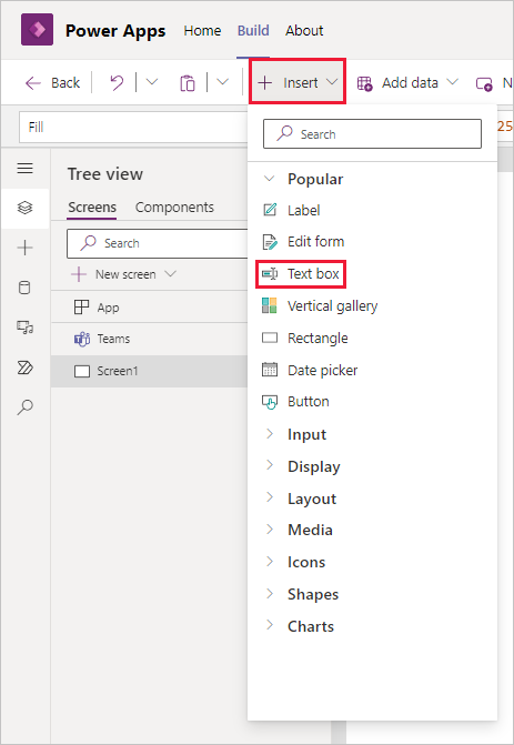 Screenshot des Menübands, in dem das „+ Einfügen“-Symbol und das „Einfügen“-Popup mit der Text-Schaltfläche hervorgehoben sind.