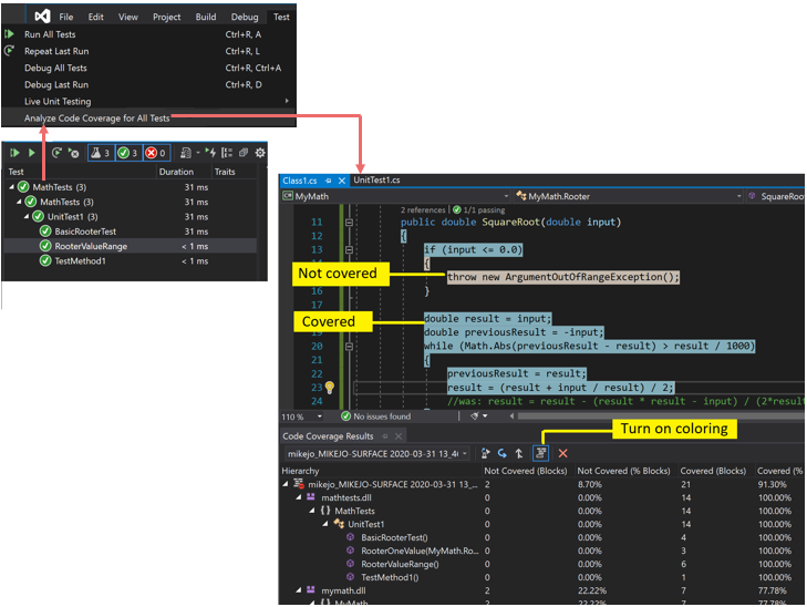 Screenshot mit Codeabdeckungsergebnissen mit Farbgebung.