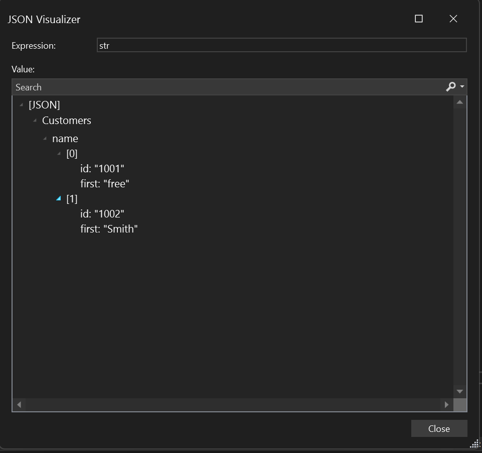Screenshot, der den JSON-String-Visualizer zeigt.