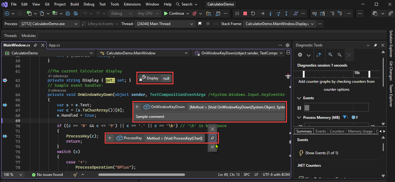 Screenshot einer Debugsitzung in Visual Studio mit Beispielen für Datentipps.