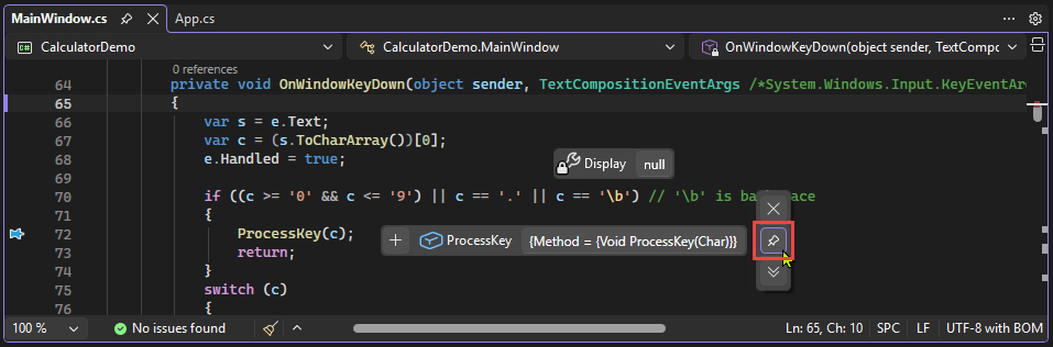 Screenshot, der zeigt, wie Sie einen Datentipp in Visual Studio an einer beliebigen Stelle platzieren.