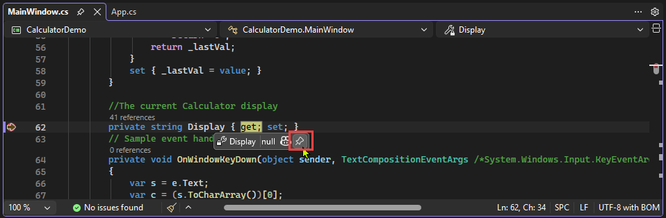 Screenshot, der zeigt, wie Sie einen Datentipp in Visual Studio anheften.