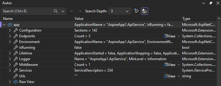 Screenshot, der zeigt, wie Sie das Autos-Fenster in Visual Studio anzeigen.