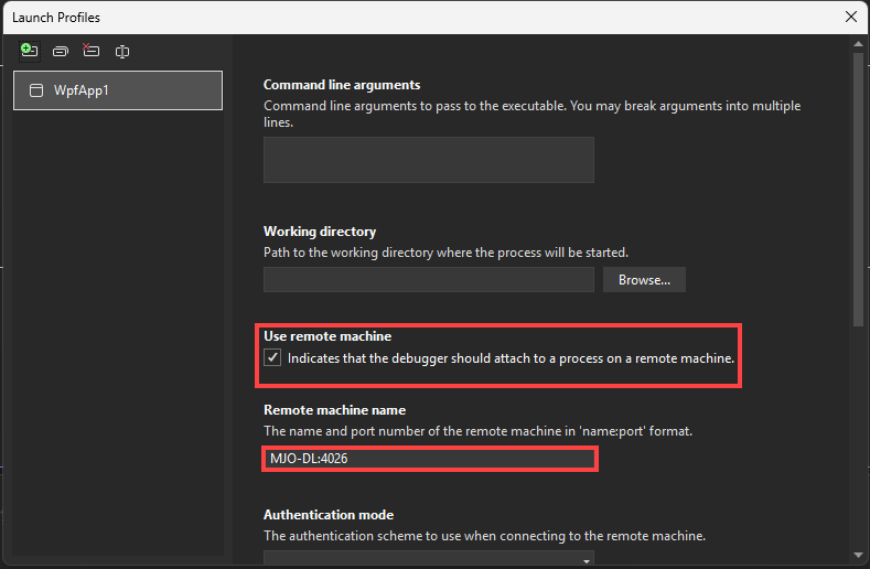 Screenshot der Benutzeroberfläche des Debugstartprofils in den Visual Studio Projekteigenschaften für C# und .NET.
