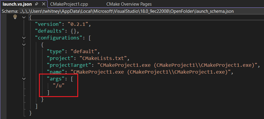 Screenshot der datei launch.vs.json mit hervorgehobenen Args-Element