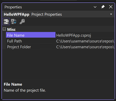 Screenshot: Fenster „Eigenschaften“ mit dem Abschnitt „Verschiedenes“ der Projektmappeneigenschaften für das HelloWPFApp-Projekt