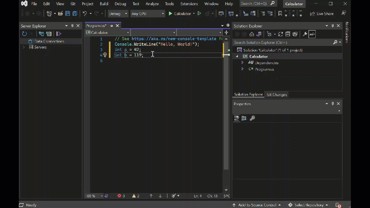 Animation von ganzzahligem mathematischem Code, der das IntelliSense-AutoVervollständigen-Feature in der Visual Studio-IDE anzeigt.