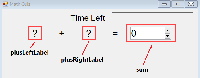 Screenshot mit der ersten Zeile des mathematischen Quiz mit sichtbaren Beschriftungen und einem Steuerelement mit Pfeiltasten, die eine Null anzeigen.