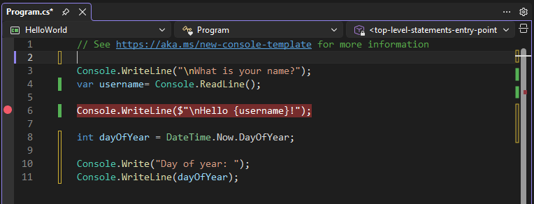 Screenshot mit einem Haltepunkt in einer Codezeile in Visual Studio.