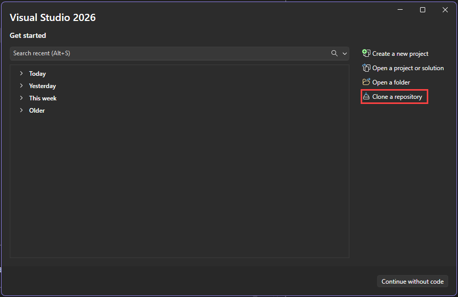 Screenshot: Dialogfeld „Repository klonen“ in Visual Studio