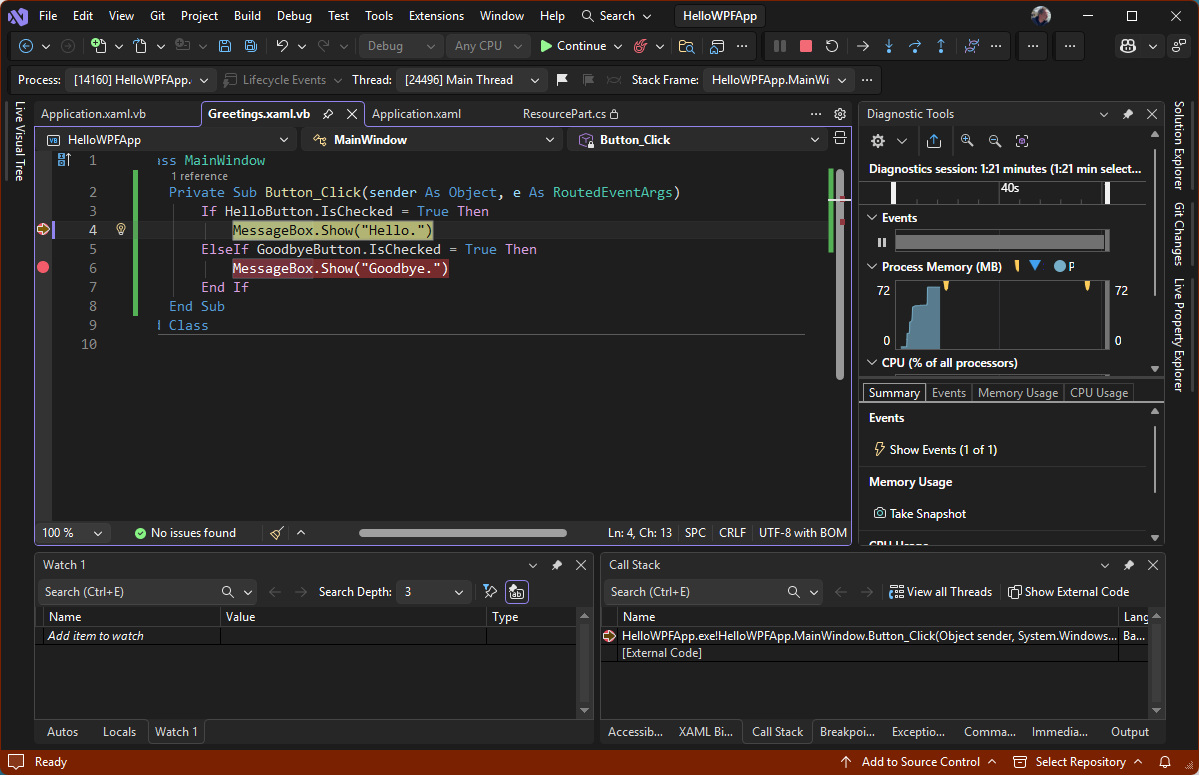 Screenshot zeigt eine Debugsitzung in Visual Studio mit den Fenstern Code, Diagnostics, Autos und Aufrufliste geöffnet. Die Ausführung wird an einem Haltepunkt in Greetings.xaml.vb angehalten.