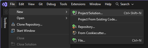 Screenshot der Datei > Neue > Projektauswahl aus der menüleiste Visual Studio.