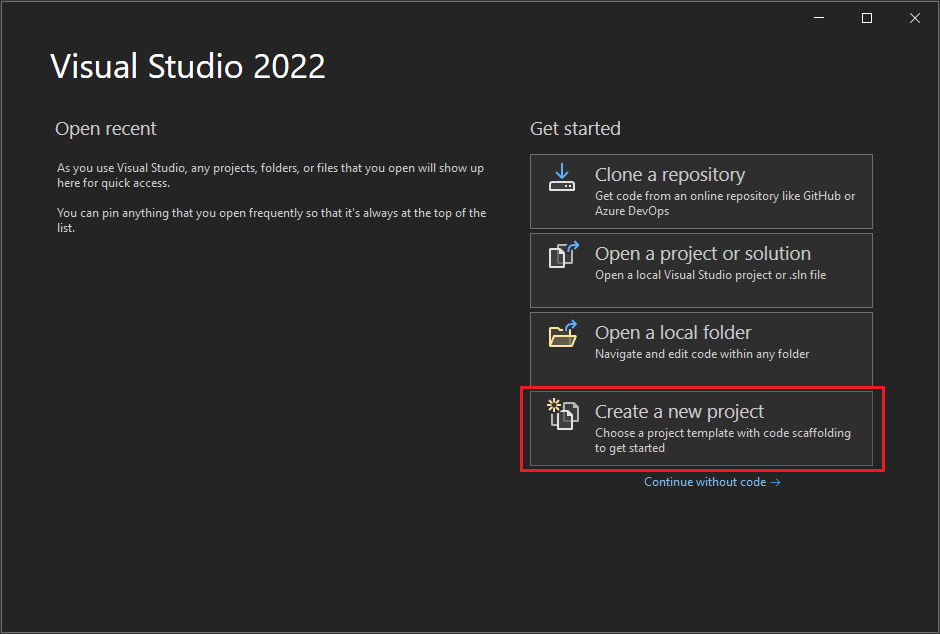 Screenshot mit dem Visual Studio-Startfenster mit ausgewählter Option 