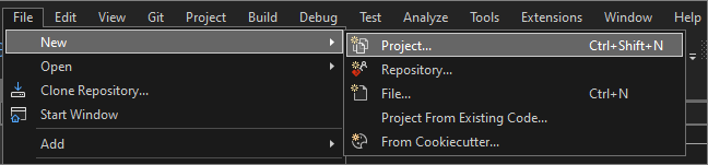 Screenshot der Datei > Neue > Projektauswahl aus der Visual Studio 2022 Menüleiste.
