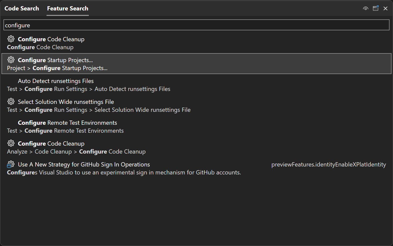 Screenshot, der die Suche nach dem Konfigurieren von Startprojekten in der Feature-Suche zeigt.