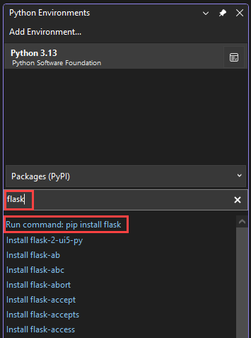 Screenshot, der zeigt, wie Sie die Flask-Bibliothek mithilfe der Pip-Installation in Visual Studio installieren.