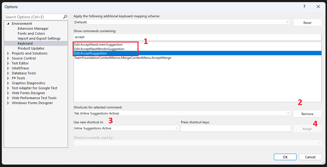 Screenshot des Dialogfelds „Tastatureinstellungen” mit ausgewähltem Befehl Edit.AcceptSuggestion und einer benutzerdefinierten Verknüpfung, die im Bereich „Inline-Vorschlag aktiv” zugewiesen ist.