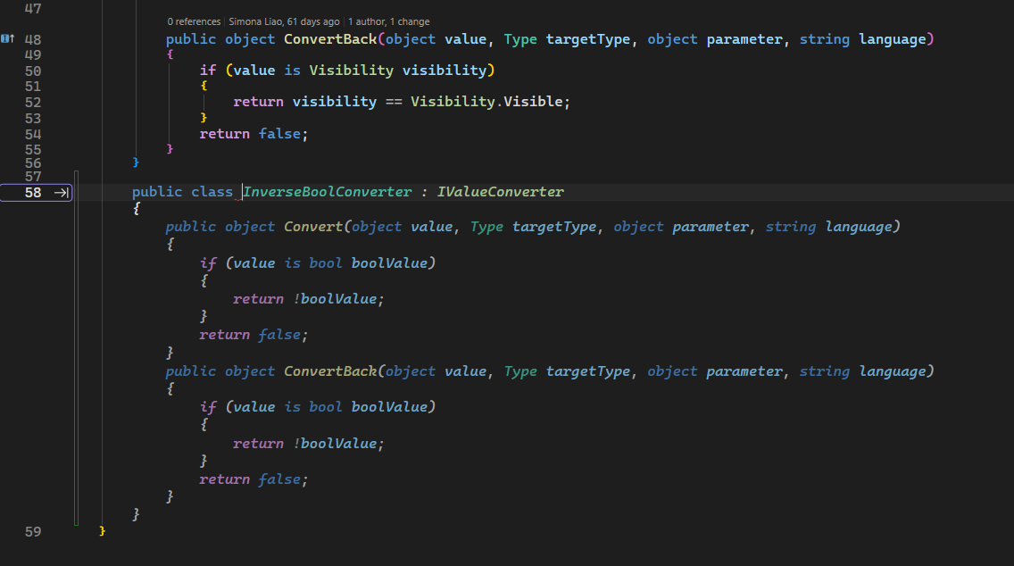 Screenshot mit farbigen Codeabschlussen mit Syntaxmarkierung, Anzeigen unterschiedlicher Farben für Schlüsselwörter, Typen, Variablen und Zeichenfolgen.