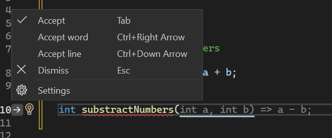 Screenshot mit Vorschlägen zum Annehmen oder Ändern eines GitHub Copilot-Codevorschlags in Visual Studio.