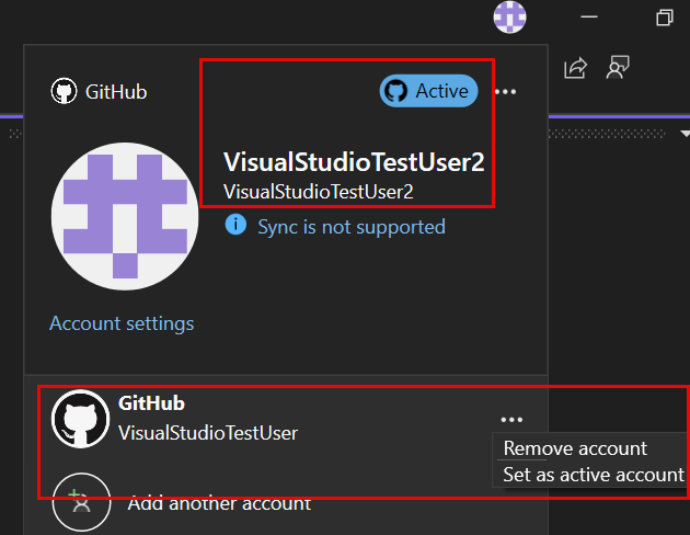 Screenshot des aktiven GitHub-Kontos in den Kontoeinstellungen.