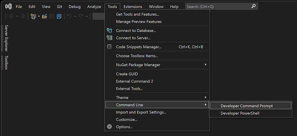 Screenshot des Befehlszeilenmenüs in Visual Studio.