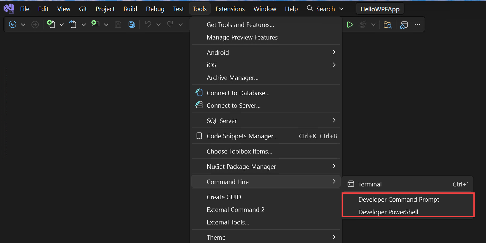 Screenshot des Befehlszeilenmenüs in Visual Studio.