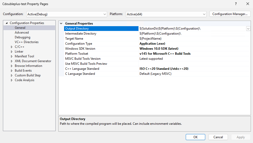 Screenshot der C++-Projekteigenschaftenseite.