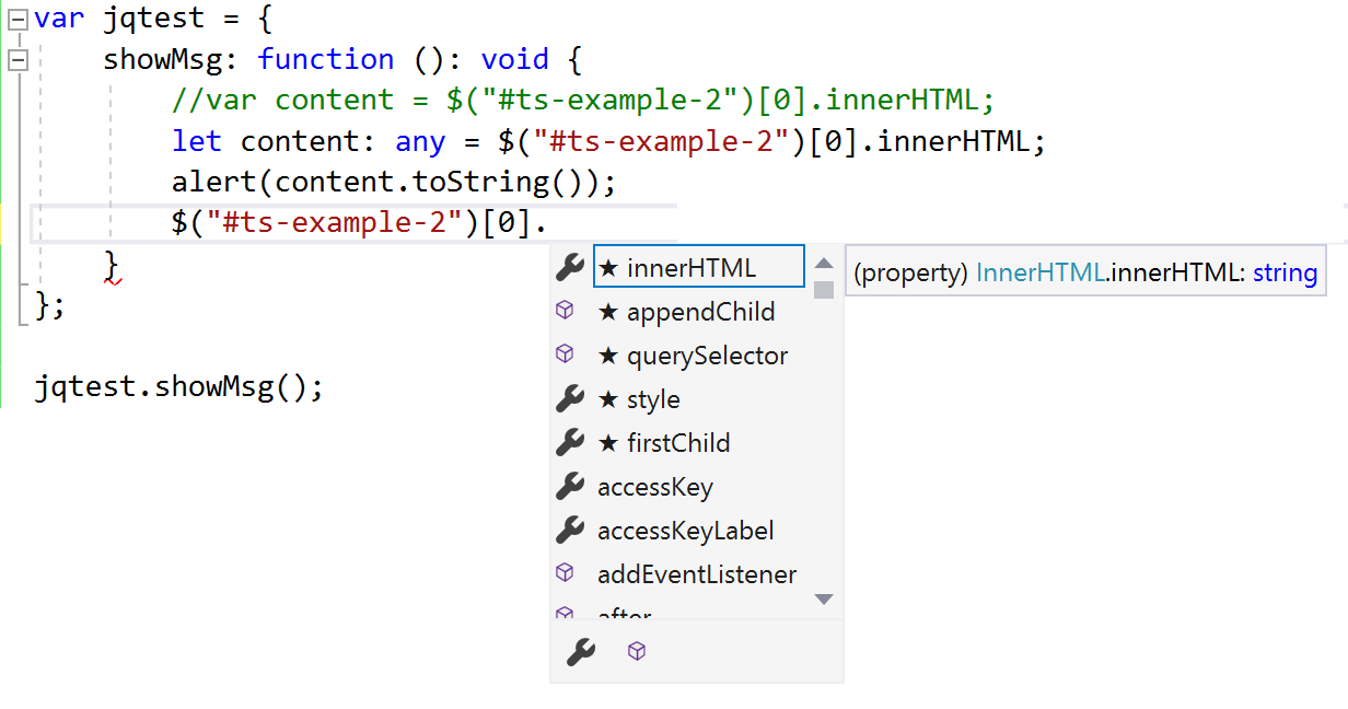 Screenshot mit IntelliSense-Ergebnissen für das J Query-Beispiel.