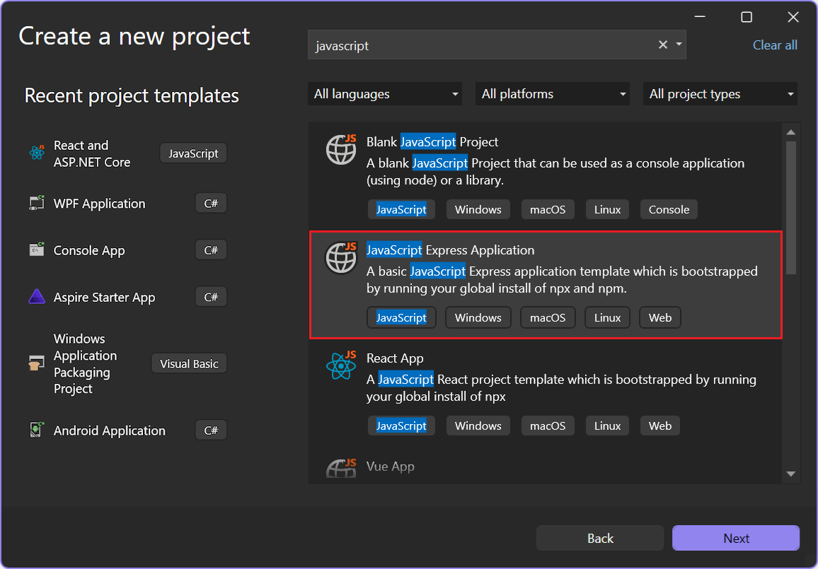 Screenshot, der zeigt, wie Sie den Filter „Nach Vorlagen suchen“ verwenden, um JavaScript-Vorlagen im Startfenster von Visual Studio zu finden.