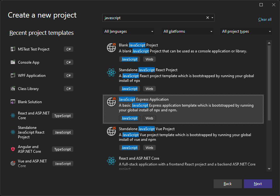 Screenshot, der zeigt, wie Sie den Filter „Nach Vorlagen suchen“ verwenden, um im Startfenster von Visual Studio 2022 JavaScript-Vorlagen zu finden.