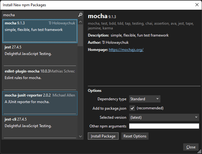 Screenshot der Installation des neuen npm-Pakets für esproj.