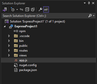 Screenshot des neuen Projekts bei geöffnetem Projektmappen-Explorer in Visual Studio 2022.