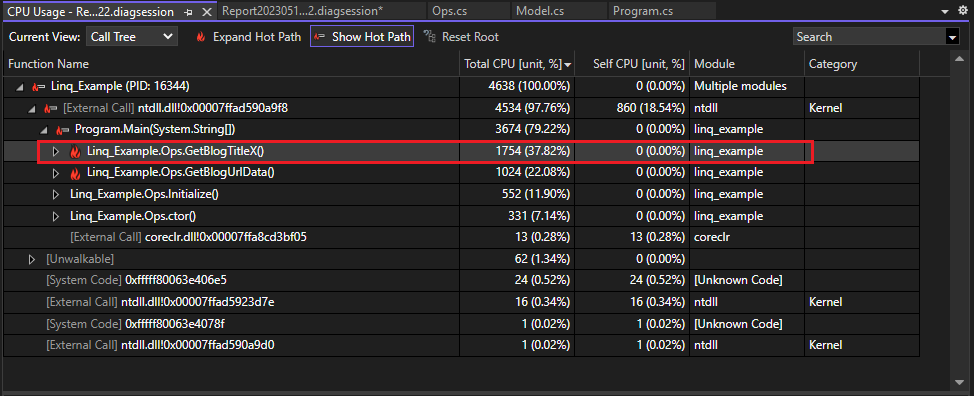 Screenshot einer verbesserten CPU-Auslastung in der Aufrufstruktur-Ansicht des CPU-Auslastungstools.