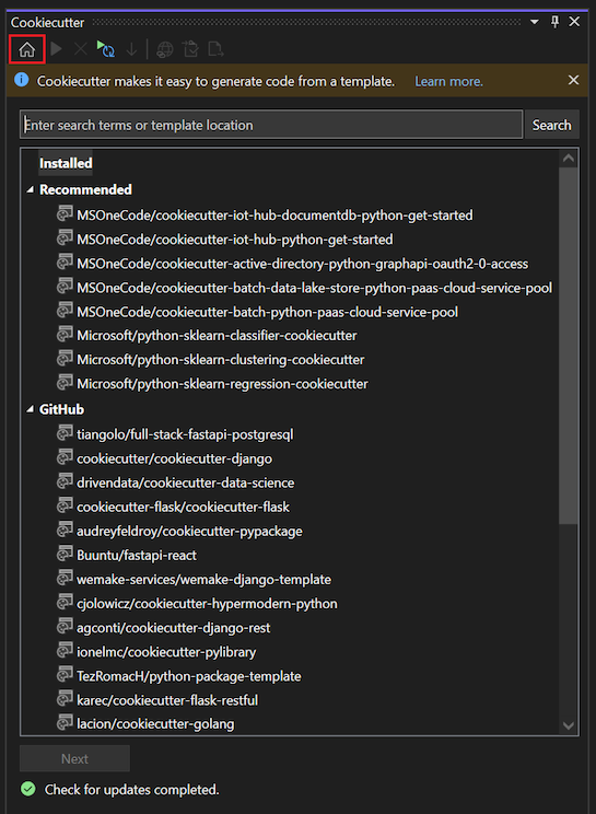 Screenshot mit der Startseite für Cookiecutter-Explorer in Visual Studio mit Vorlagen, die für die Kategorien