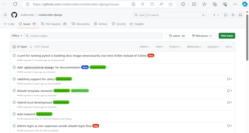 Screenshot mit der Liste der gemeldeten Probleme für eine Vorlage in GitHub.