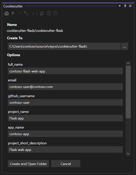 Screenshot mit den Optionen für eine neu installierte und geklonte Vorlage im Cookiecutter-Explorer in Visual Studio.