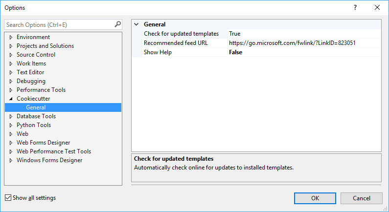 Screenshot mit den Optionen für Cookiecutter in Visual Studio.