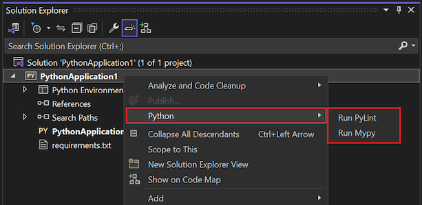 Screenshot der verfügbaren Linting-Befehle für Python-Projekte im Projektmappen-Explorer.