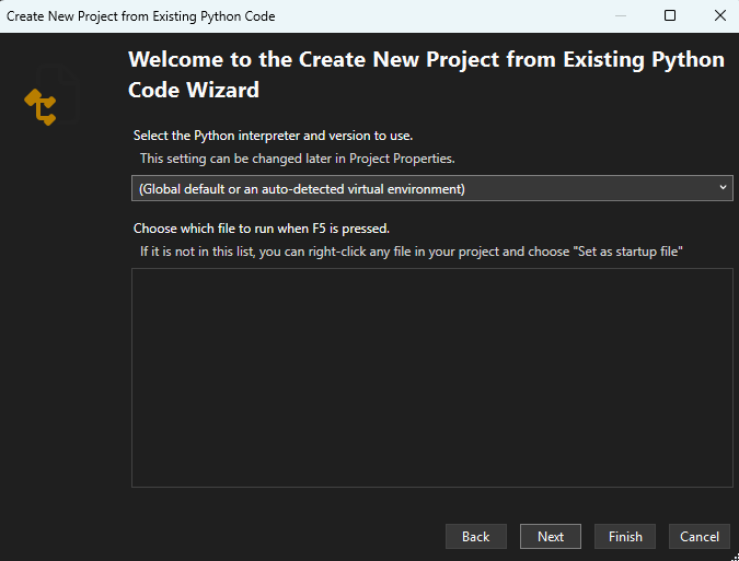 Screenshot des Fensters „Neues Projekt aus vorhandenem Code erstellen“ mit der Auswahl der Startdatei und der Python-Umgebung in Visual Studio.