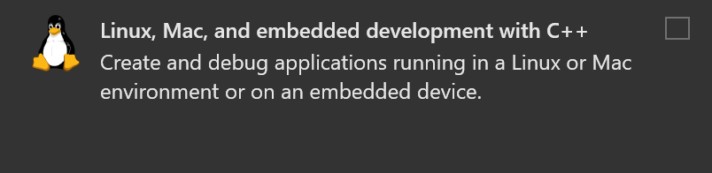 Screenshot des Visual Studio Installers mit der umbenannten Linux-, Mac- und eingebetteten Entwicklung mit C++-Workload
