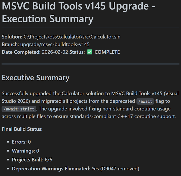 Copilot aktualisiert Ihre Projekte und Ihren Code auf die Verwendung des neuesten MSVC und generiert einen detaillierten Bericht