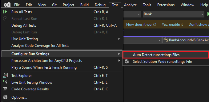 Screenshot der automatischen Erkennung der Runsettings-Datei im Menü von Visual Studio.