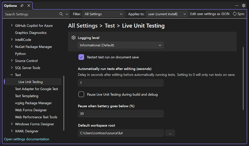 Screenshot der Konfigurationsoptionen für Live-Komponententests.