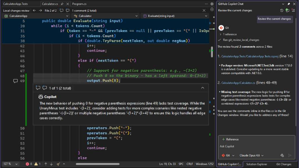 Ein Screenshot zeigt einen Inline-Kommentar zur Codeüberprüfung vom Git-Agents im Editor.