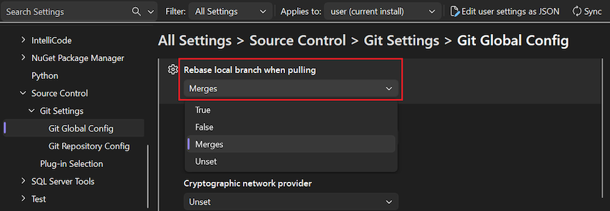 Screenshot, der die Option 