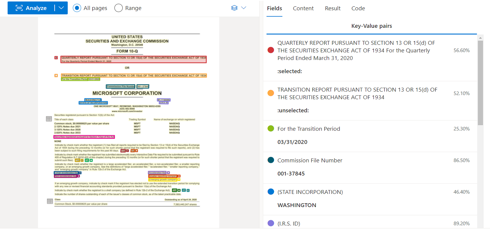 Screenshot that shows General document model analysis by using Document Intelligence Studio.