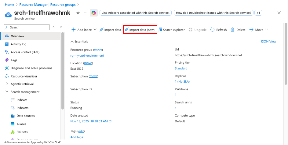 Screenshot showing the Import and vectorize data button in Azure AI Search.