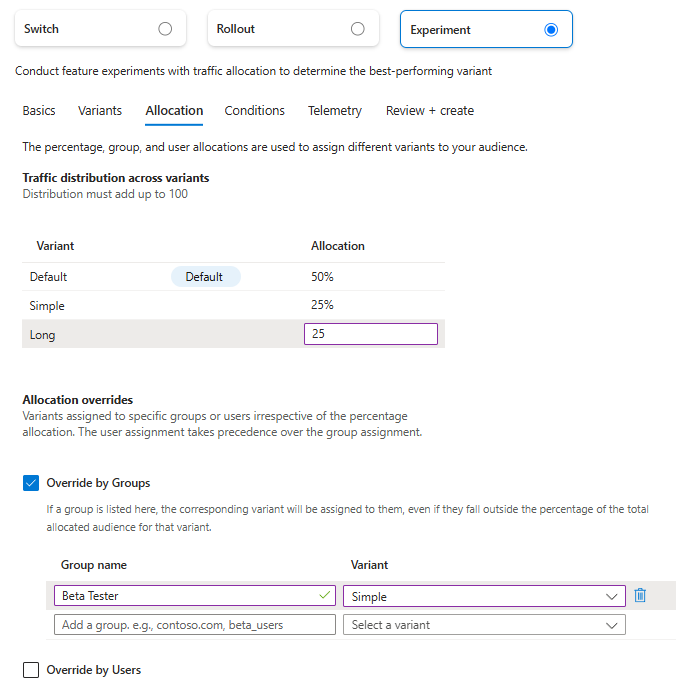 Screenshot of the Azure portal that shows the Create feature flag feature - Experiment option's Allocation tab.